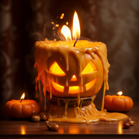a halloween candle with a pumpkin face on itの素材