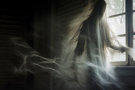 a ghostly figure is standing in front of a windowの素材