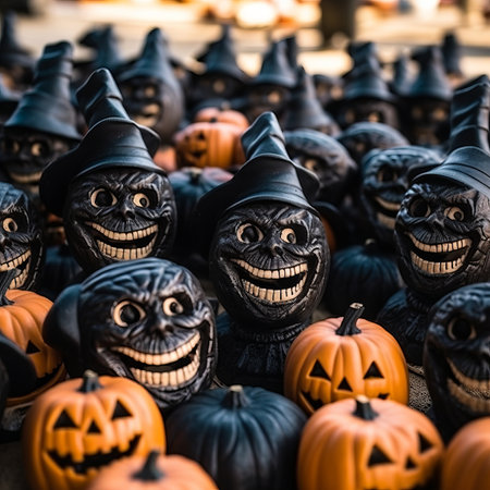 a group of halloween pumpkins with black masks on themの素材