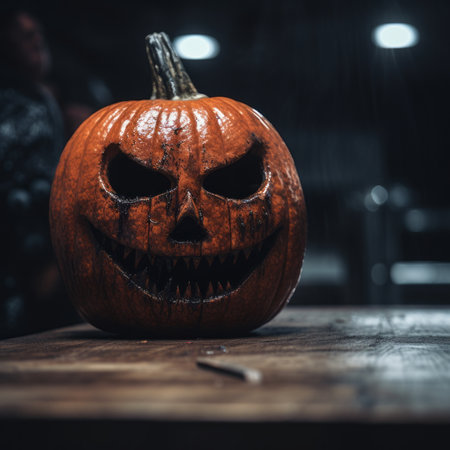 a halloween pumpkin with a scary face on itの素材