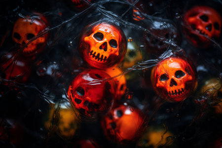 a group of halloween skulls on a black backgroundの素材