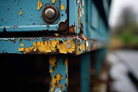 a rusty blue bench with yellow paint on itの素材
