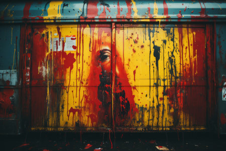 a red and yellow painted door with a womans face painted on itの素材