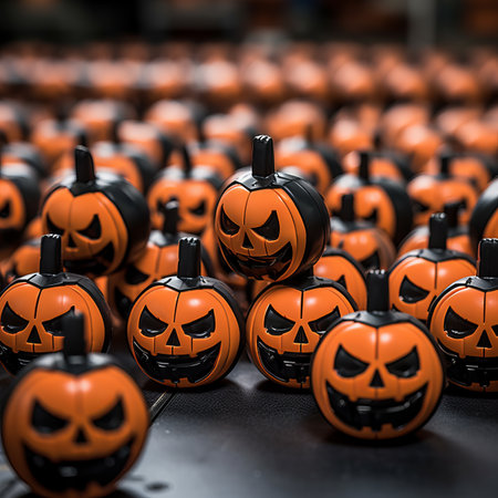 a large group of halloween pumpkins sitting on top of each otherの素材
