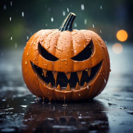 a halloween pumpkin with its mouth open in the rainの素材