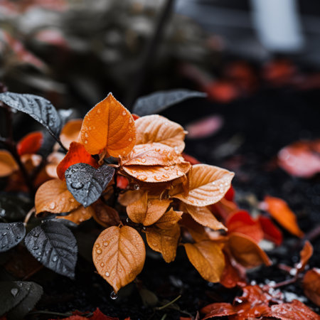 a plant with red and orange leaves on the groundの素材