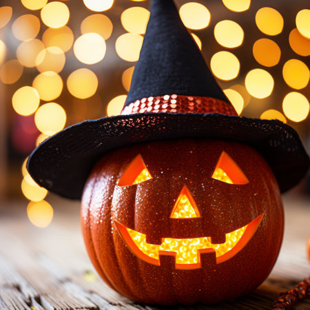 a halloween pumpkin with a witch hat on itの素材