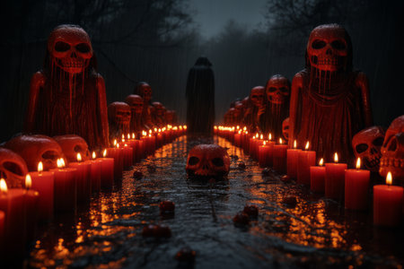 a row of skulls and candles in a dark forestの素材