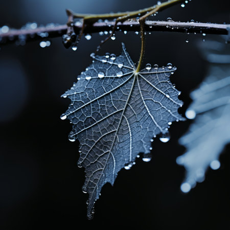 a leaf with water droplets hanging from itの素材