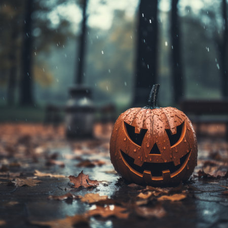 a halloween pumpkin sitting on the ground in the rainの素材