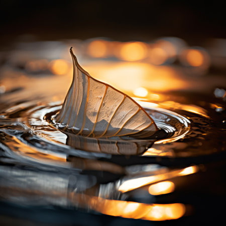 a leaf floating in the water at sunsetの素材