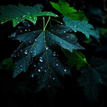 a leaf with water droplets on it in the darkの素材