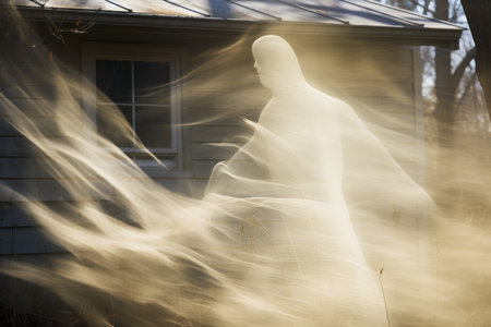 a person in a ghost costume standing in front of a houseの素材