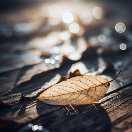 a single leaf lying on a wooden surface with bokeh in the backgroundの素材