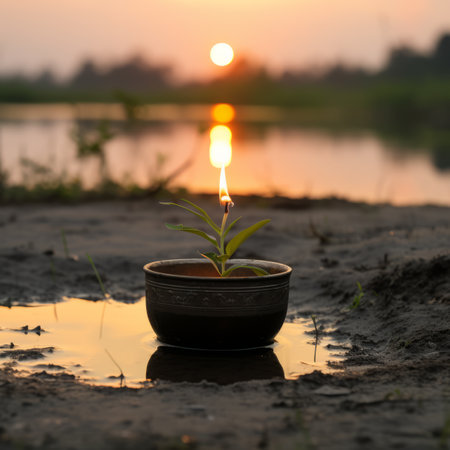 a small plant in a bowl of water with the sun setting in the backgroundの素材