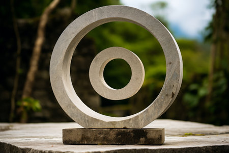 a sculpture of a circular object sitting on top of a concrete blockの素材