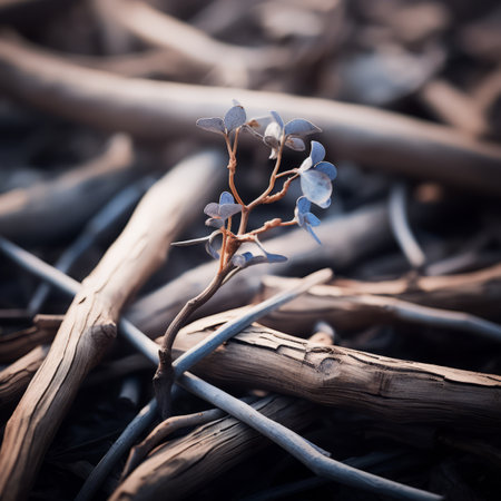 a small blue flower is growing out of a pile of twigsの素材