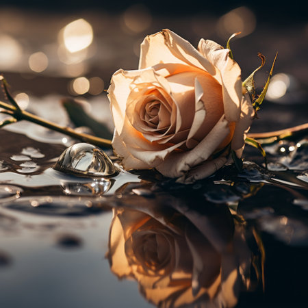 a single rose sitting on the ground with water dropletsの素材