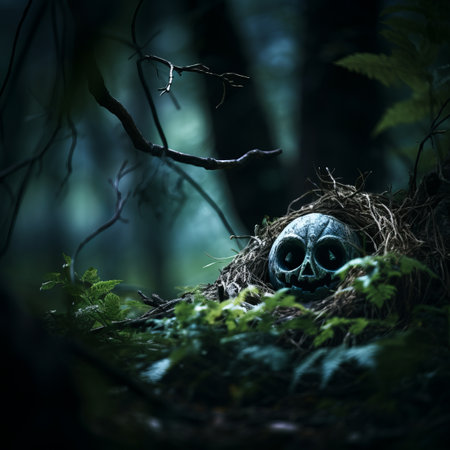 a skull is sitting in a nest in the woodsの素材