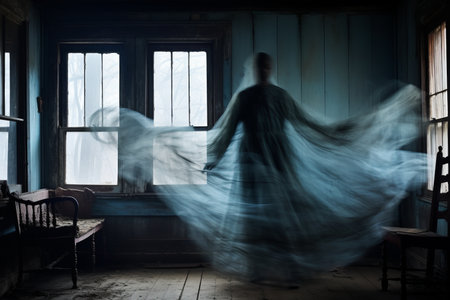 a woman in a blue dress is standing in front of a windowの素材