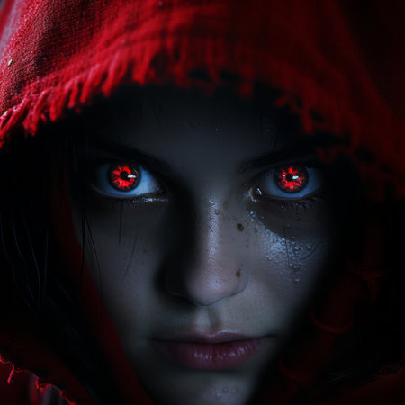 a woman in a red hoodie with red eyesの素材