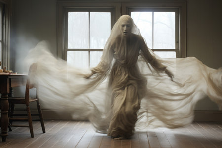 a woman in a white dress is standing in front of a windowの素材