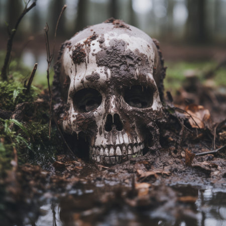 a skull is sitting in a puddle of water in the woodsの素材