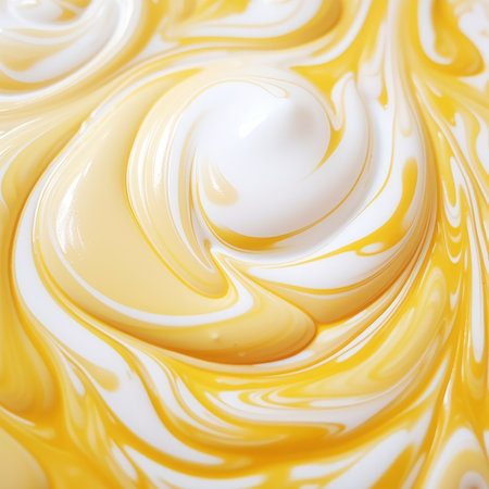 a swirl of yellow and white liquid on top of a white surfaceの素材