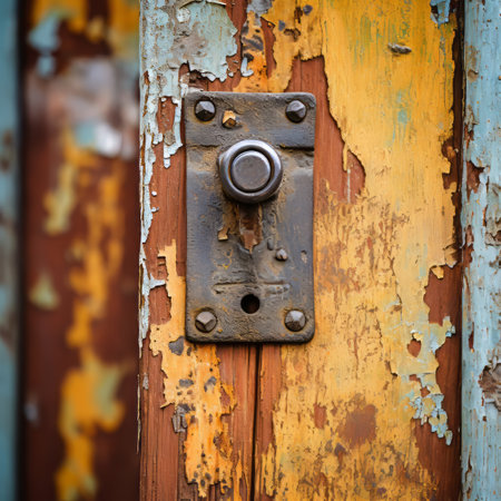 an old rusty door knob on a door with peeling paintの素材