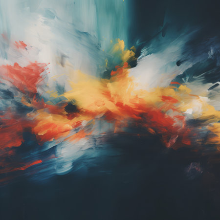 an abstract painting of a red orange and yellow flowerの素材