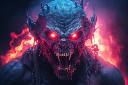 an evil demon with glowing red eyes on a dark backgroundの素材