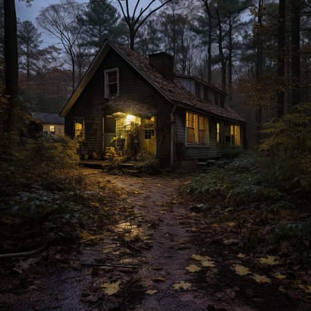 an abandoned house in the woods at nightの素材