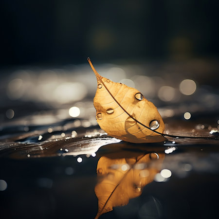 a single leaf lying on the ground with water droplets on itの素材