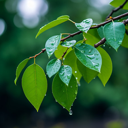 a tree branch with green leaves and water dropletsの素材
