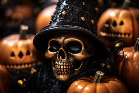 a skull wearing a black hat and surrounded by pumpkinsの素材