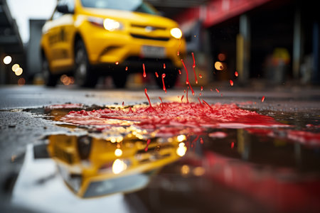 a yellow car is driving down the street with a puddle of blood on the roadの素材