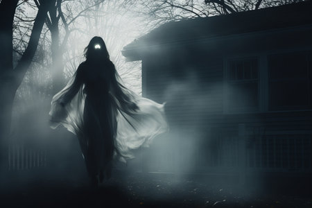 a woman in a ghostly white dress is walking through a foggy forestの素材