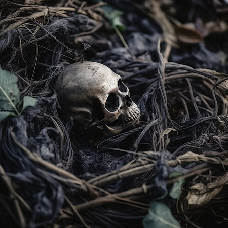 a skull sitting in a nest of twigs and leavesの素材