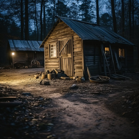 an old cabin in the woods at nightの素材
