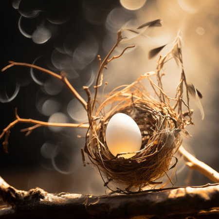 an egg in a nest on a branchの素材