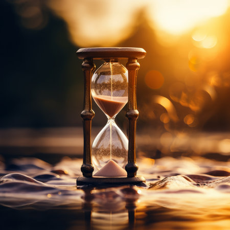 an hourglass is sitting on top of water in front of a sunsetの素材