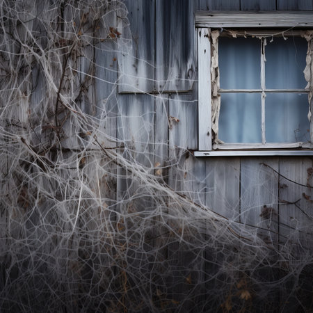 an old house with spider webs and a windowの素材