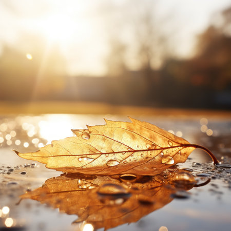 an autumn leaf laying on the ground in a puddle of waterの素材