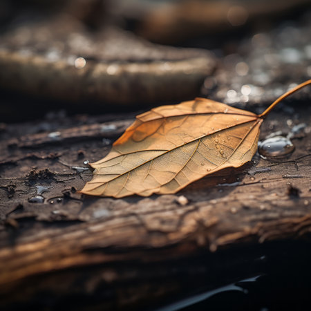 a single leaf sits on top of a logの素材