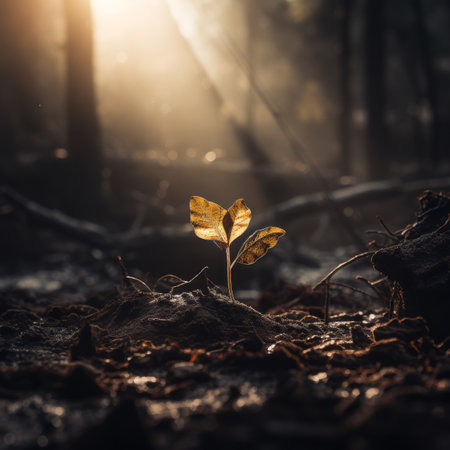 a small plant growing out of the ground in a forestの素材