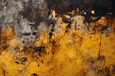 an abstract painting of yellow and black paint on a wallの素材