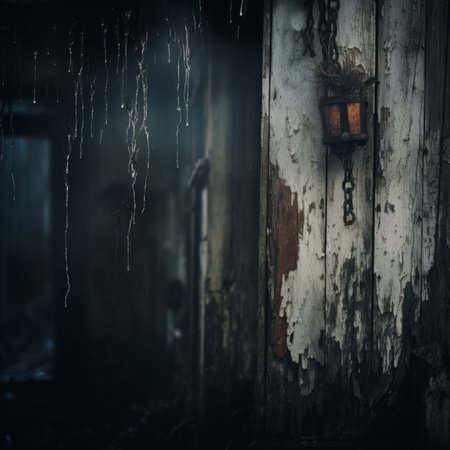 an old house with a lantern hanging from the wallの素材