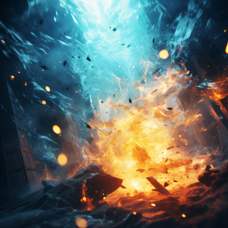 an explosion in a dark room with fire and smoke coming out of itの素材