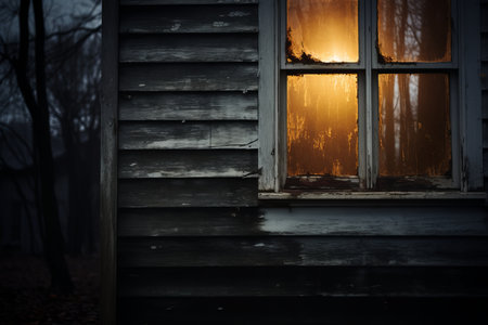 an old wooden house with a light shining through the windowの素材