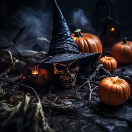 halloween pumpkins and a witchs hat on a dark backgroundの素材